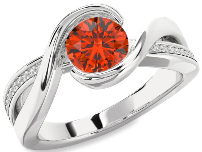 Diamond Fire Opal Silver Round Solitaire Engagement Ring