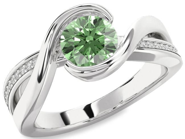 Green Diamond Silver Round Solitaire Engagement Ring