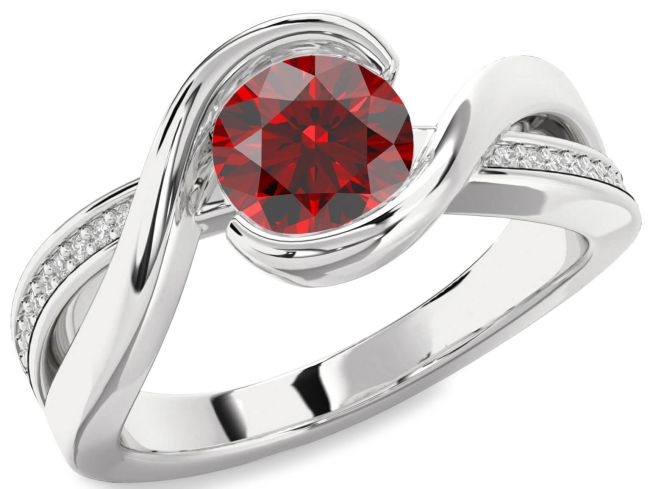 Diamond Garnet Silver Round Solitaire Engagement Ring