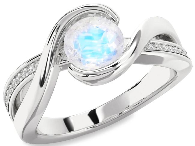 Diamond Moonstone Silver Round Solitaire Engagement Ring