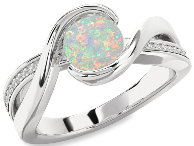 Diamond Opal Silver Round Solitaire Engagement Ring