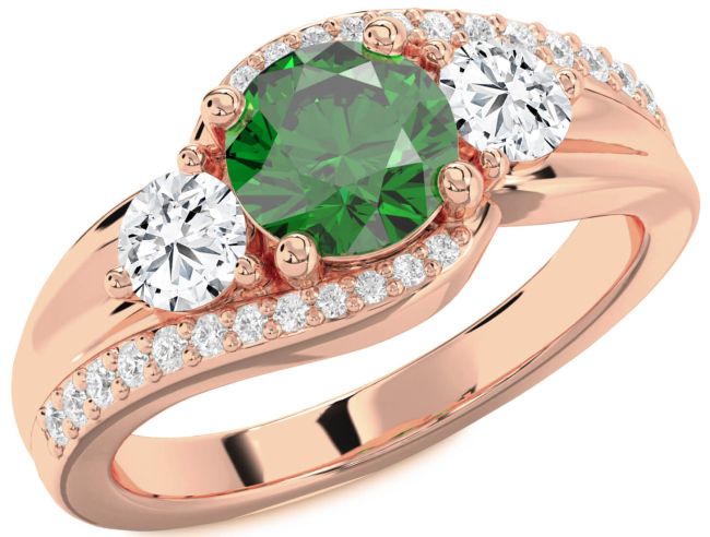 Diamond Emerald Rose Gold Round Three Stone Engagement Ring