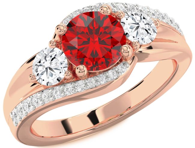 Diamond Ruby Rose Gold Round Three Stone Engagement Ring