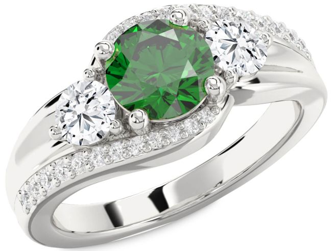 Diamond Emerald Silver Round Three Stone Engagement Ring