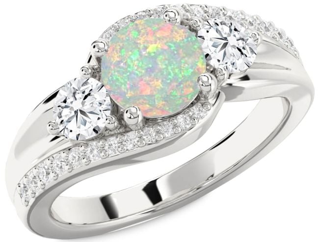 Diamond Opal Silver Round Three Stone Engagement Ring