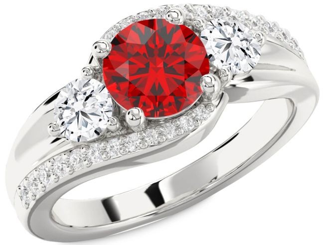Diamond Ruby Silver Round Three Stone Engagement Ring