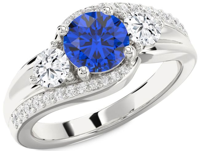 Diamond Blue Sapphire White Gold Round Three Stone Engagement Ring
