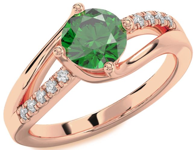 Diamond Emerald Rose Gold Round Solitaire Engagement Ring