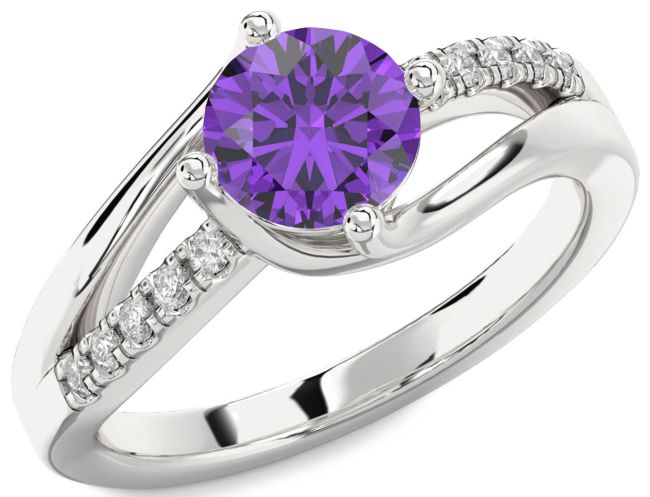 Diamond Amethyst Silver Round Solitaire Engagement Ring
