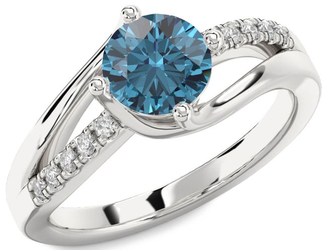 Blue Diamond Silver Round Solitaire Engagement Ring