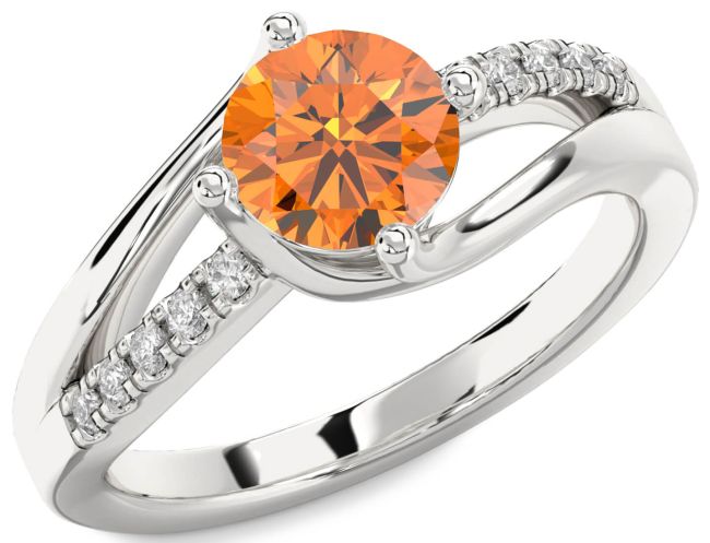 Diamond Citrine Silver Round Solitaire Engagement Ring