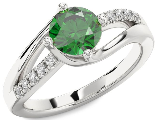 Diamond Emerald Silver Round Solitaire Engagement Ring