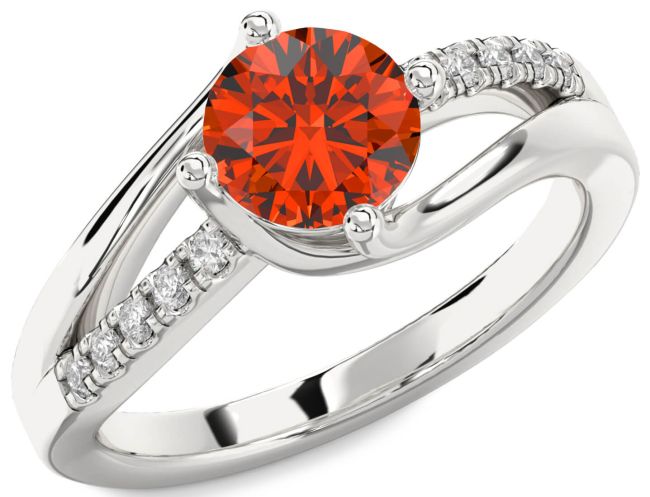 Diamond Fire Opal Silver Round Solitaire Engagement Ring