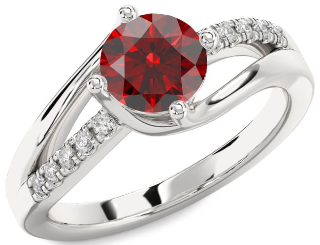 Diamond Garnet Silver Round Solitaire Engagement Ring