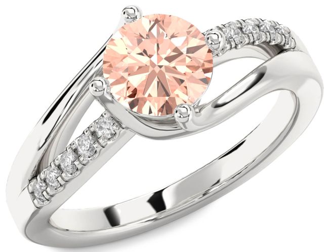 Diamond Morganite Silver Round Solitaire Engagement Ring