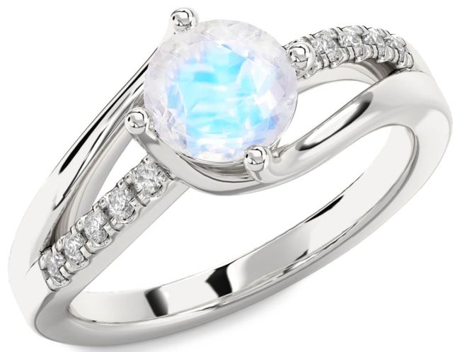 Diamond Moonstone Silver Round Solitaire Engagement Ring