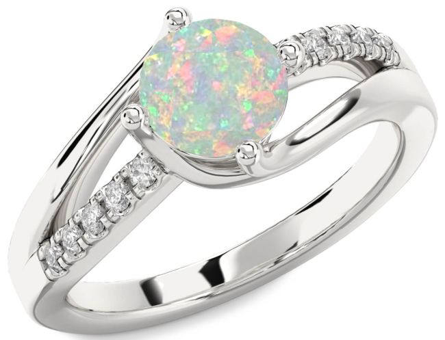 Diamond Opal Silver Round Solitaire Engagement Ring
