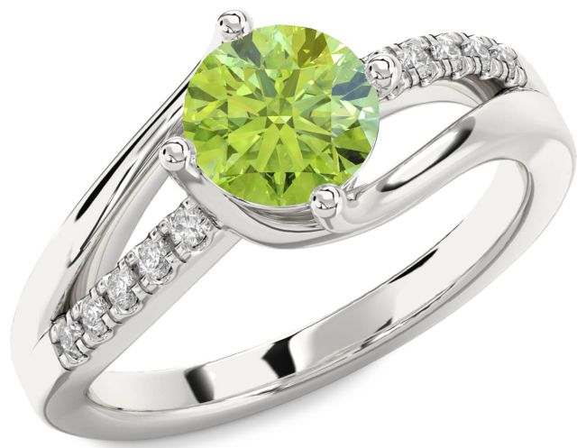 Diamond Peridot Silver Round Solitaire Engagement Ring