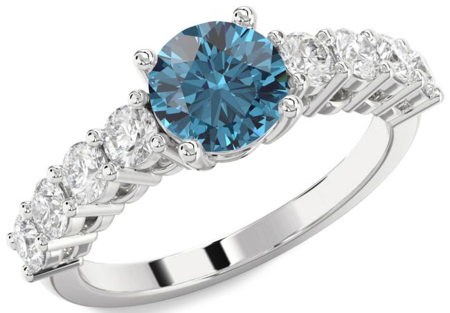 Blue Diamond Silver Round Engagement Ring