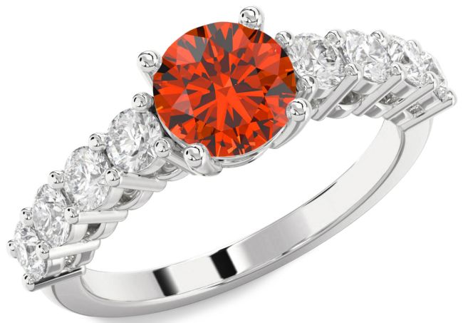 Diamond Fire Opal Silver Round Engagement Ring