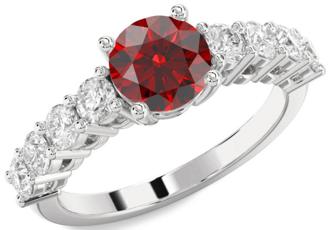 Diamond Garnet Silver Round Engagement Ring