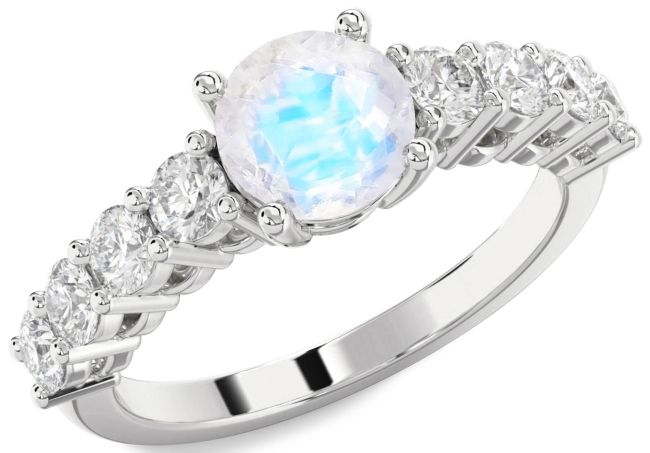 Diamond Moonstone Silver Round Engagement Ring