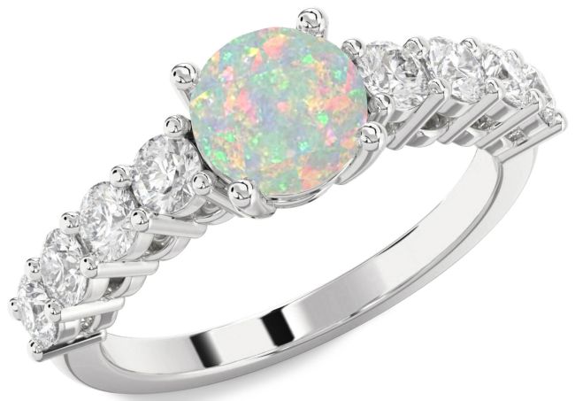 Diamond Opal Silver Round Engagement Ring