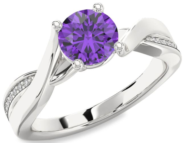 Diamond Amethyst Silver Round Solitaire Engagement Ring