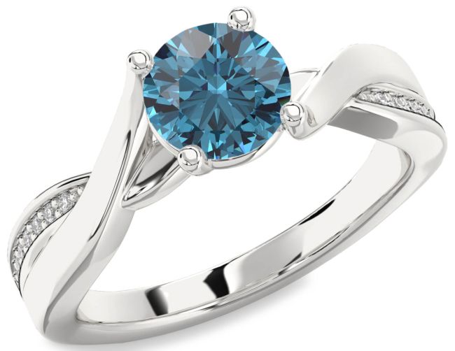 Blue Diamond Silver Round Solitaire Engagement Ring