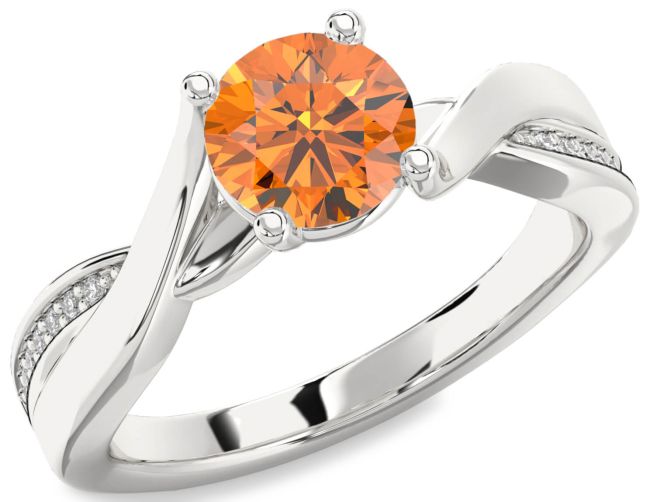 Diamond Citrine Silver Round Solitaire Engagement Ring