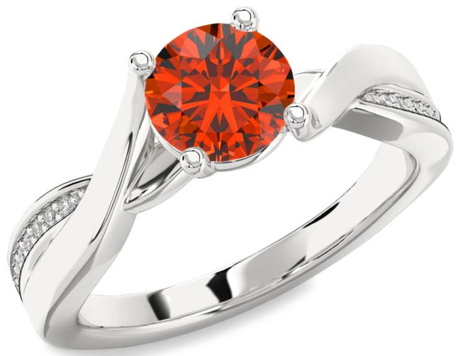Diamond Fire Opal Silver Round Solitaire Engagement Ring
