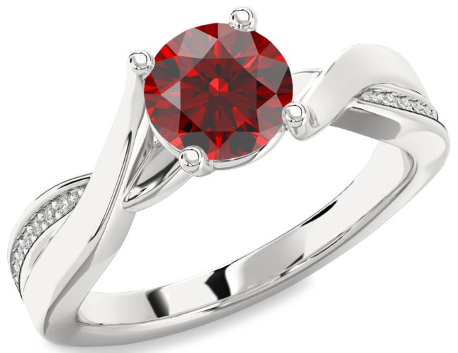 Diamond Garnet Silver Round Solitaire Engagement Ring