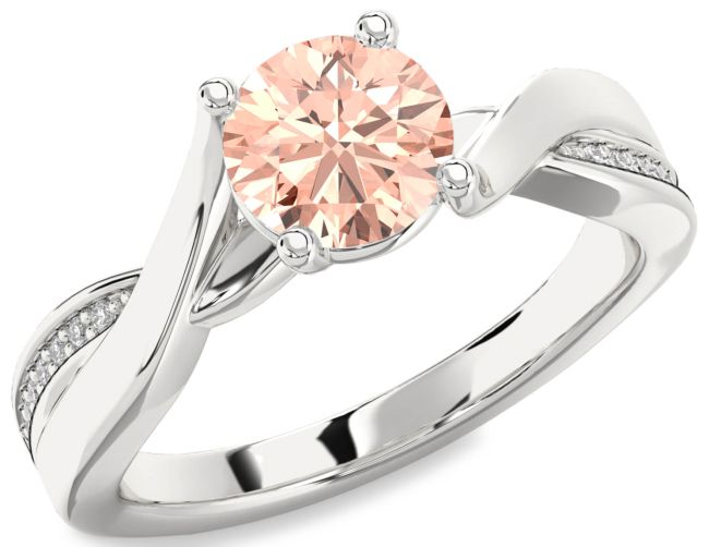 Diamond Morganite Silver Round Solitaire Engagement Ring