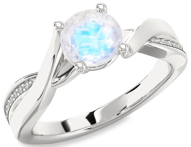 Diamond Moonstone Silver Round Solitaire Engagement Ring