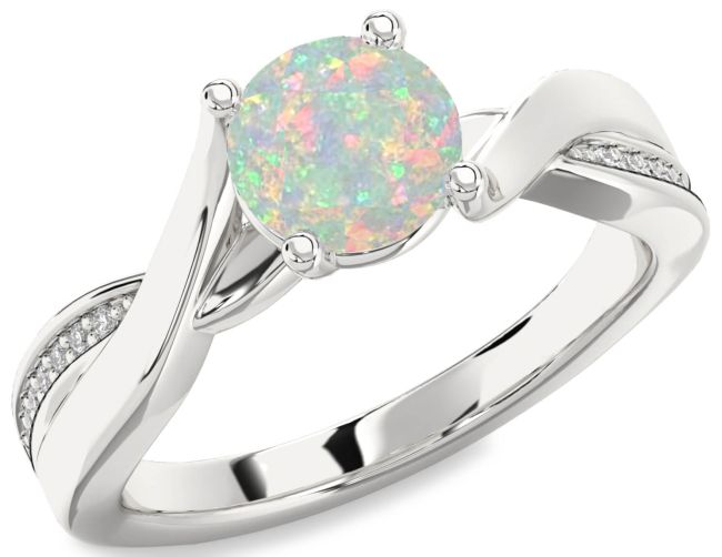 Diamond Opal Silver Round Solitaire Engagement Ring