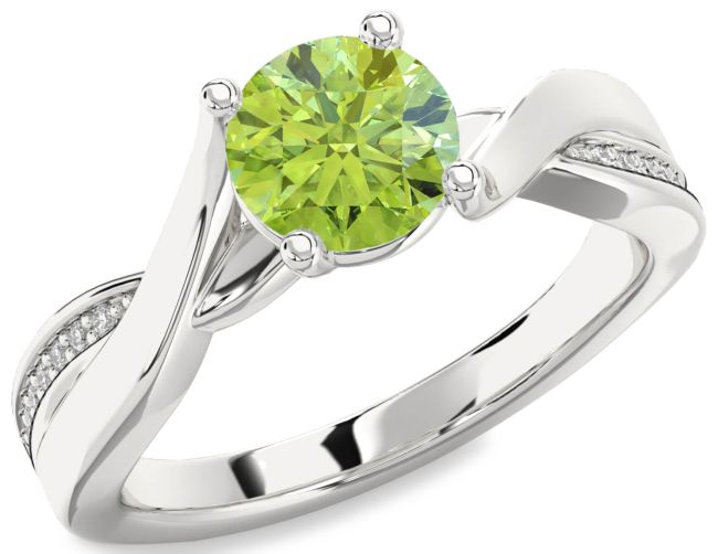 Diamond Peridot Silver Round Solitaire Engagement Ring