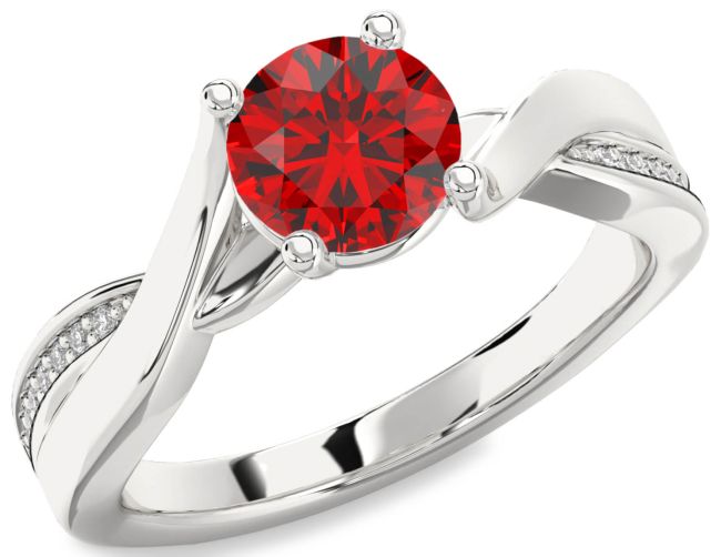 Diamond Ruby Silver Round Solitaire Engagement Ring
