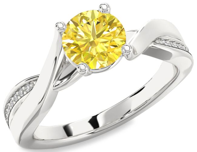Yellow Diamond Silver Round Solitaire Engagement Ring