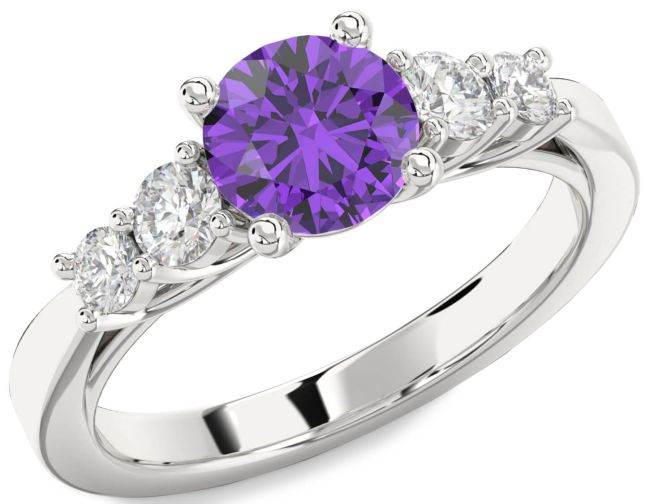 Diamond Amethyst Silver Round Engagement Ring