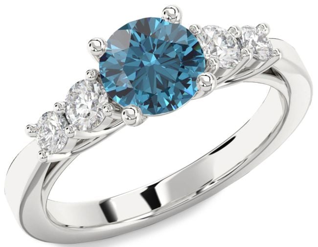 Blue Diamond Silver Round Engagement Ring