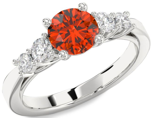 Diamond Fire Opal Silver Round Engagement Ring