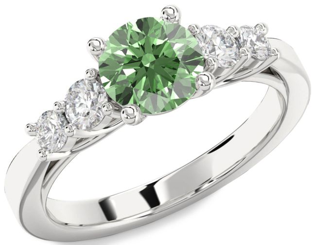 Green Diamond Silver Round Engagement Ring