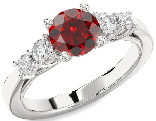 Diamond Garnet Silver Round Engagement Ring