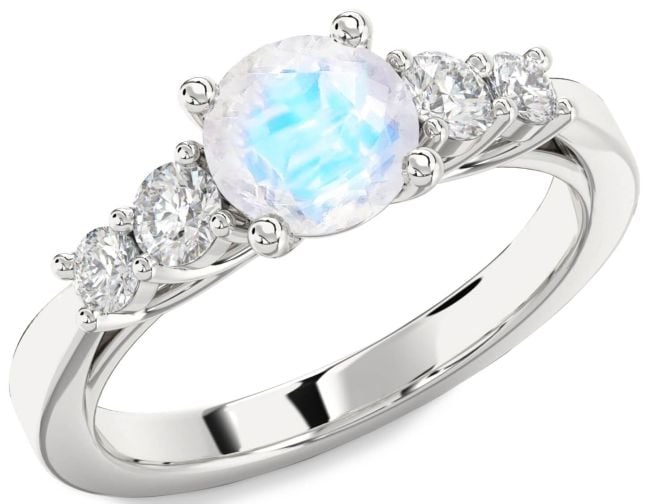 Diamond Moonstone Silver Round Engagement Ring