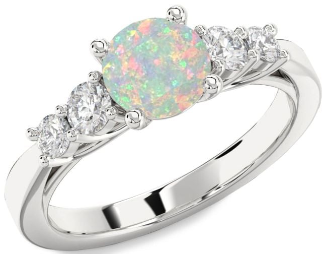 Diamond Opal Silver Round Engagement Ring