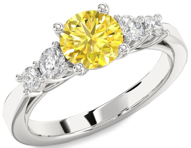Yellow Diamond Silver Round Engagement Ring