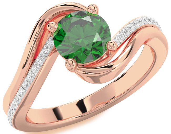 Diamond Emerald Rose Gold Silver Round Solitaire Engagement Ring
