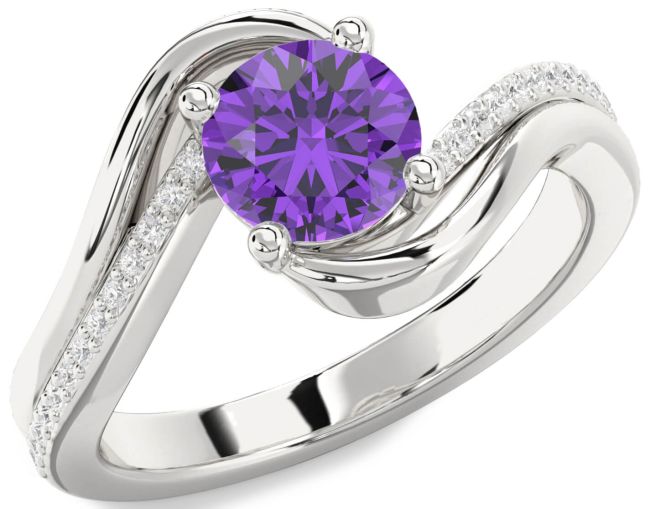 Diamond Amethyst Silver Round Solitaire Engagement Ring