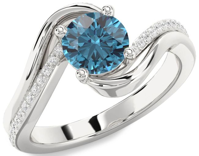 Blue Diamond Silver Round Solitaire Engagement Ring