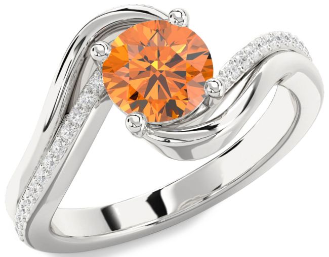 Diamond Citrine Silver Round Solitaire Engagement Ring